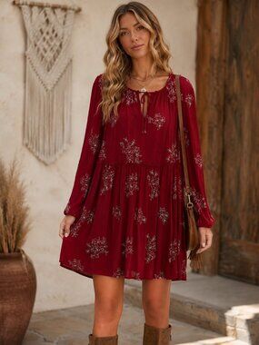 Love In Berry Red Floral Boho Babydoll Tiered Mini Dress L